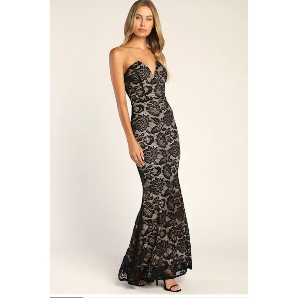 Lulus Sexy Sophistication Black Lace Strapless Trumpet Maxi Dress Size Small New